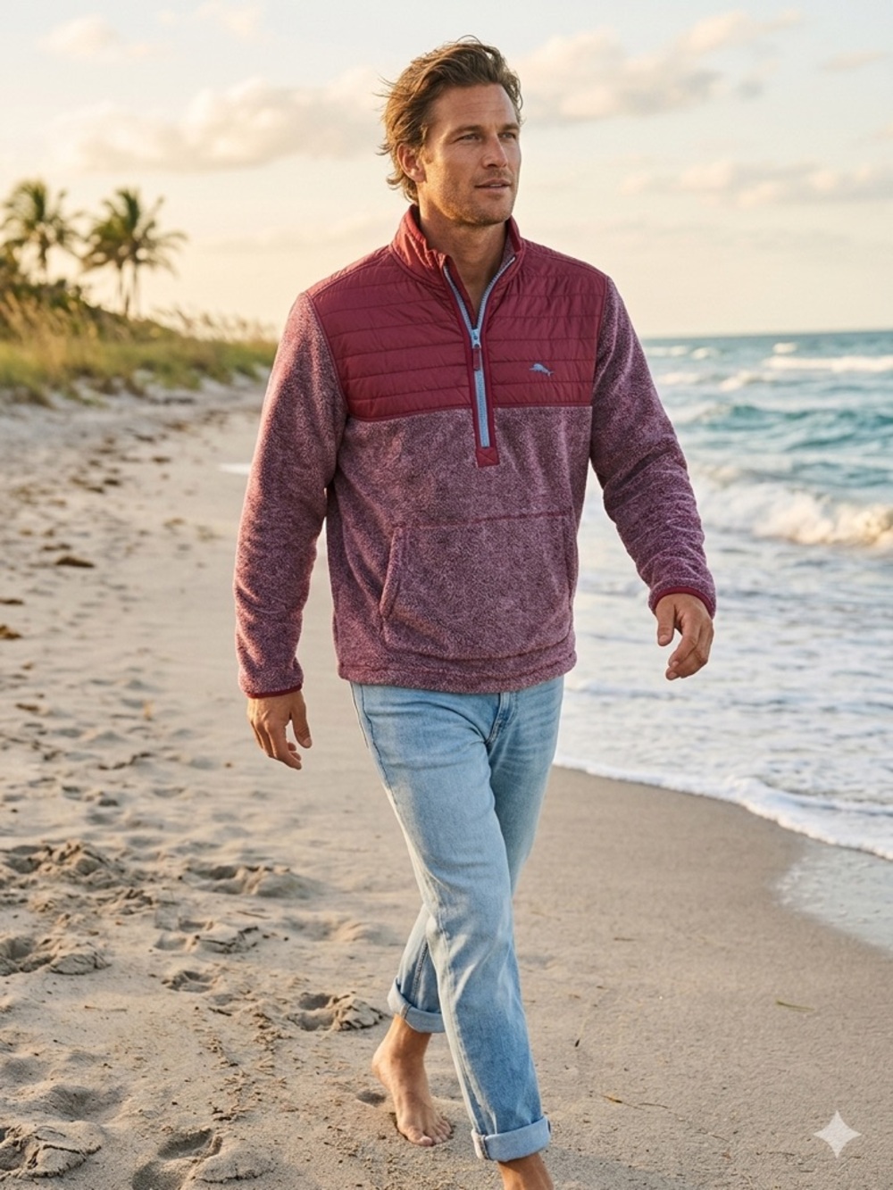 Tommy Bahama Men's Maroon Hybrid Faux Sherpa Quilted 1/4 Zip Pullover Size M